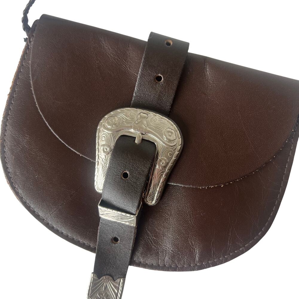 Brown Leather Crossbody Pouch Purse Western Buckle Braided Cord Boho Saddle Bag